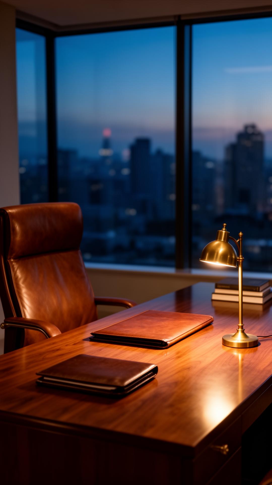 A quiet executive office at dusk with a leather portfolio and brass lamp